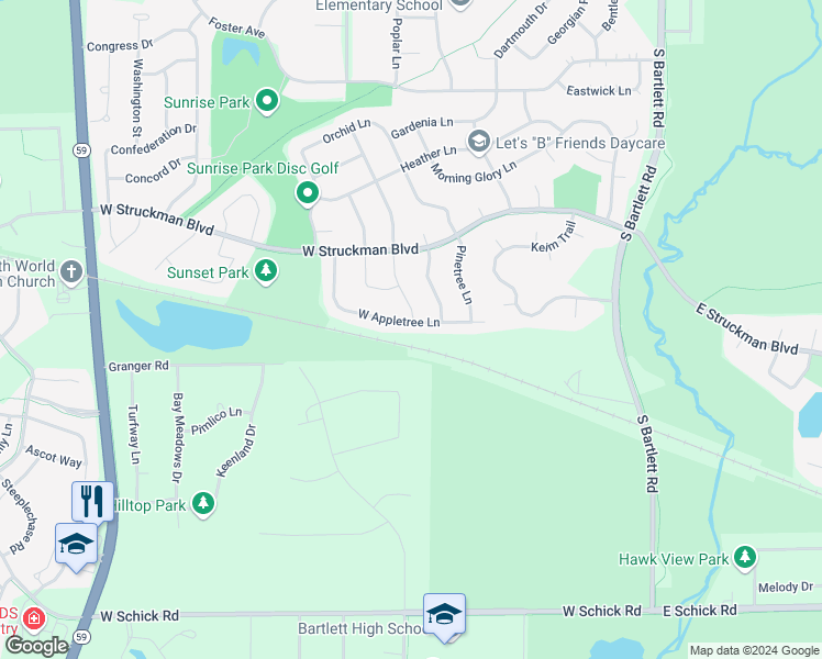 map of restaurants, bars, coffee shops, grocery stores, and more near 785 West Apple Tree Lane in Bartlett