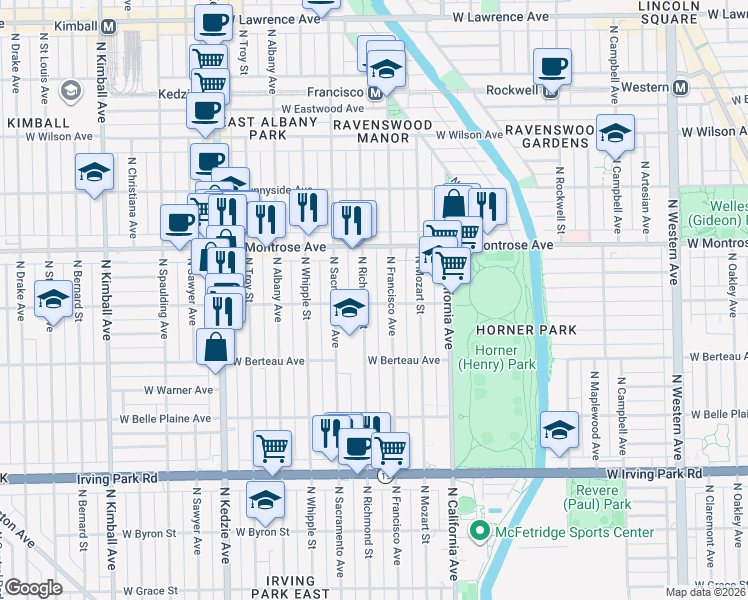 map of restaurants, bars, coffee shops, grocery stores, and more near 4305 North Richmond Street in Chicago