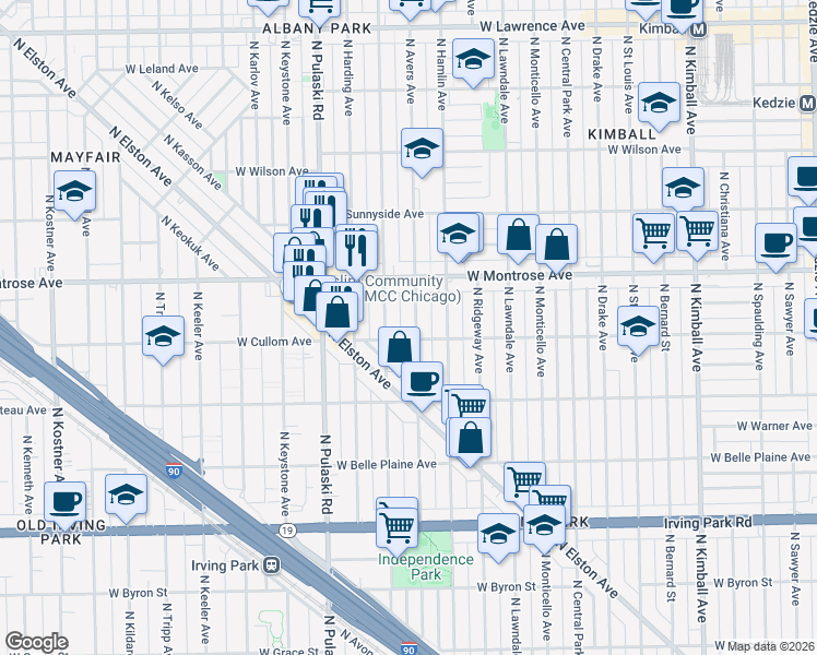 map of restaurants, bars, coffee shops, grocery stores, and more near 4308 North Avers Avenue in Chicago