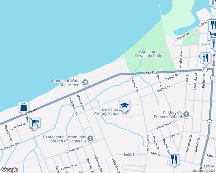 map of restaurants, bars, coffee shops, grocery stores, and more near 703 Lake Road in Conneaut