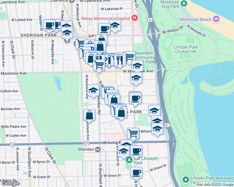 map of restaurants, bars, coffee shops, grocery stores, and more near 4244 North Hazel Street in Chicago