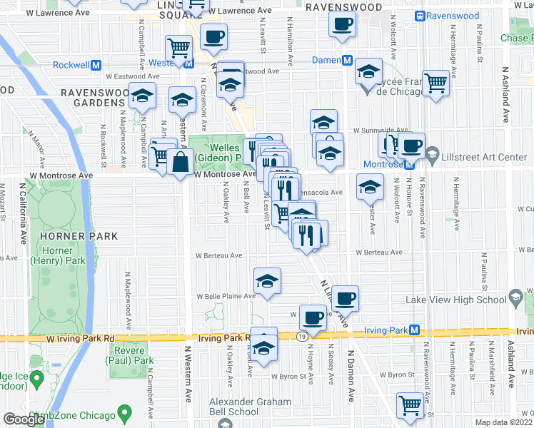 map of restaurants, bars, coffee shops, grocery stores, and more near N Leavitt St & W Cullom Ave in Chicago