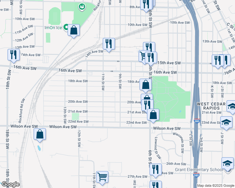 map of restaurants, bars, coffee shops, grocery stores, and more near 1900 9th Street Southwest in Cedar Rapids