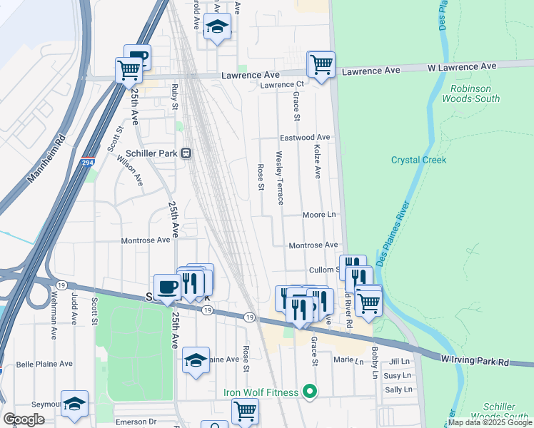map of restaurants, bars, coffee shops, grocery stores, and more near 4503 Rose Street in Schiller Park