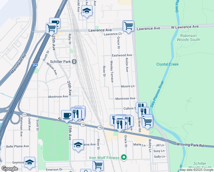 map of restaurants, bars, coffee shops, grocery stores, and more near 4503 Rose Street in Schiller Park