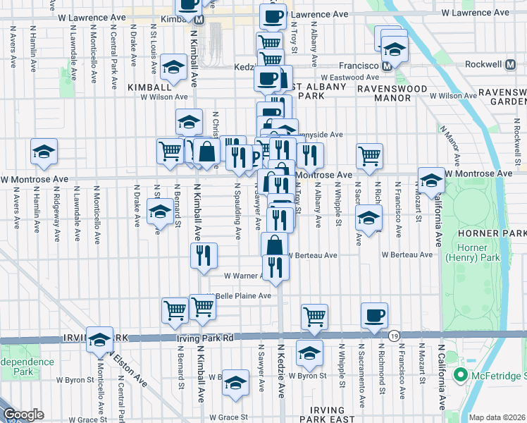 map of restaurants, bars, coffee shops, grocery stores, and more near 4304 North Sawyer Avenue in Chicago