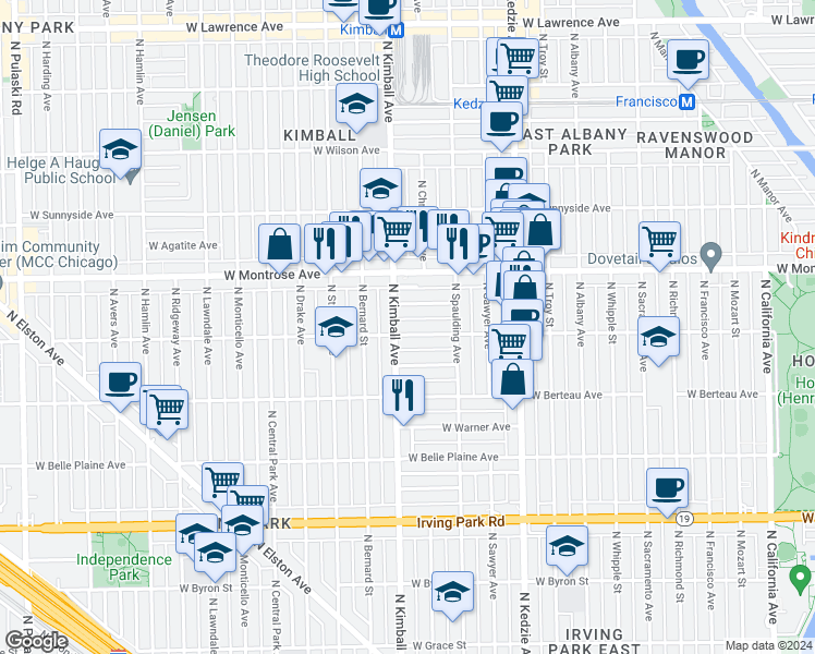 map of restaurants, bars, coffee shops, grocery stores, and more near 3346 West Cullom Avenue in Chicago