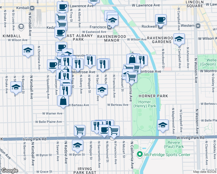 map of restaurants, bars, coffee shops, grocery stores, and more near 4305 North Richmond Street in Chicago
