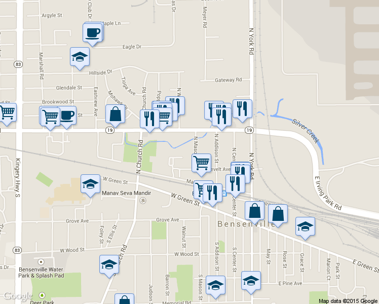 map of restaurants, bars, coffee shops, grocery stores, and more near 130 North Mason Street in Bensenville