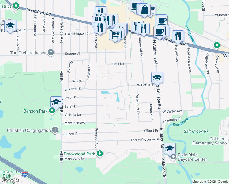 map of restaurants, bars, coffee shops, grocery stores, and more near 195 North Clare Court in Wood Dale