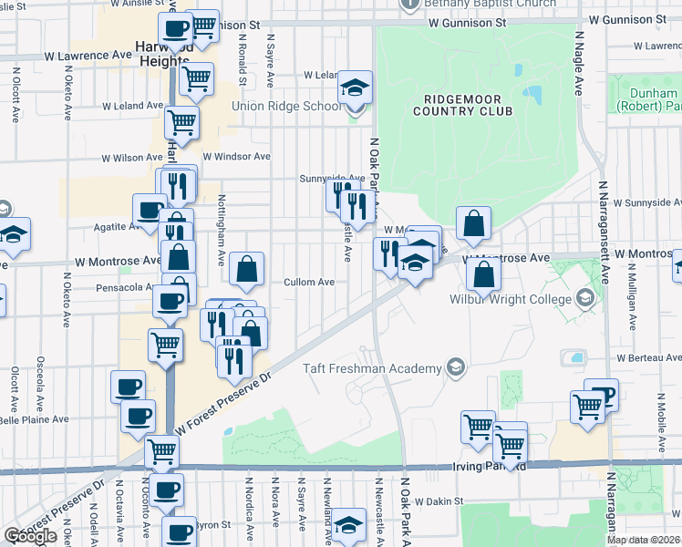 map of restaurants, bars, coffee shops, grocery stores, and more near 4306 North Newcastle Avenue in Harwood Heights