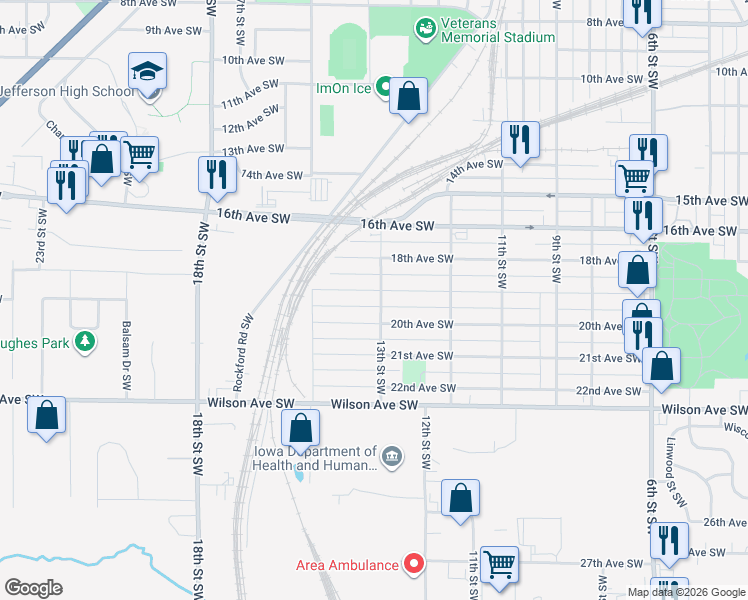map of restaurants, bars, coffee shops, grocery stores, and more near 1301 19th Avenue Southwest in Cedar Rapids