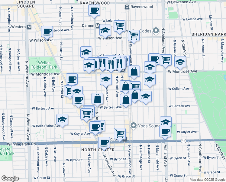 map of restaurants, bars, coffee shops, grocery stores, and more near 1911 West Cullom Avenue in Chicago