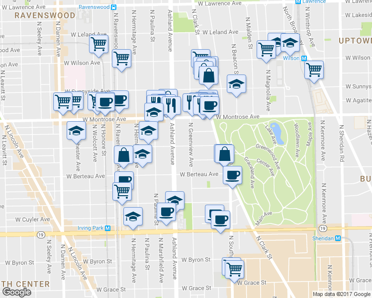 map of restaurants, bars, coffee shops, grocery stores, and more near 4249 North Greenview Avenue in Chicago