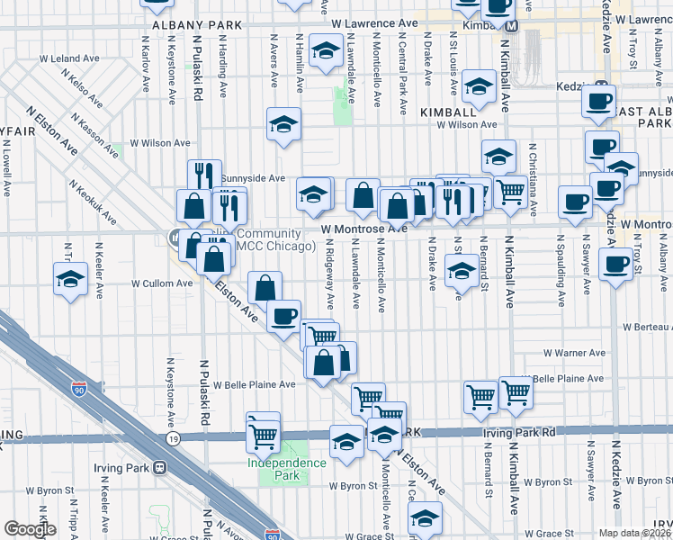 map of restaurants, bars, coffee shops, grocery stores, and more near 4309 North Ridgeway Avenue in Chicago