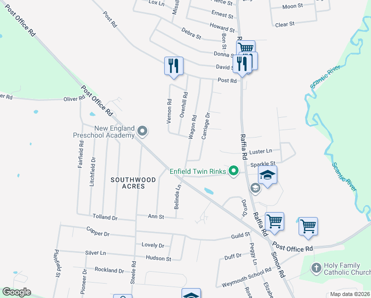 map of restaurants, bars, coffee shops, grocery stores, and more near 30 Wagon Road in Enfield