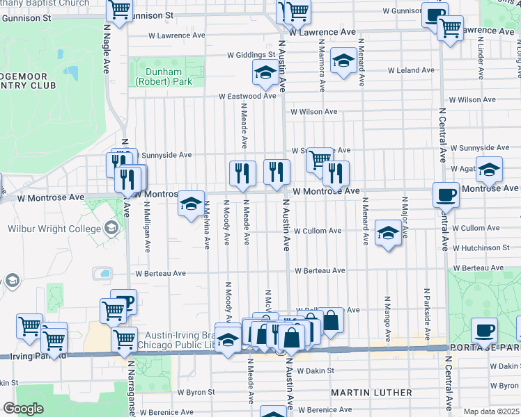 map of restaurants, bars, coffee shops, grocery stores, and more near 4334 North McVicker Avenue in Chicago