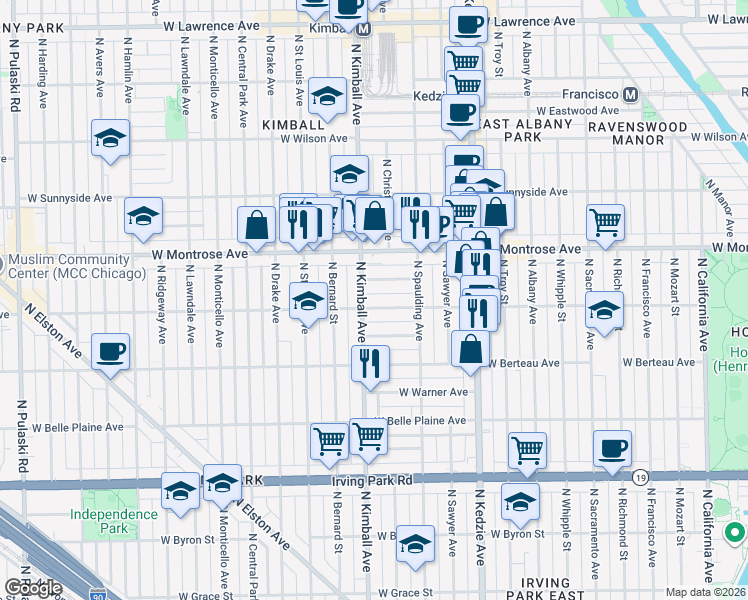 map of restaurants, bars, coffee shops, grocery stores, and more near 3346 West Cullom Avenue in Chicago