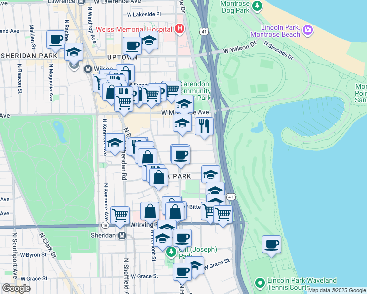 map of restaurants, bars, coffee shops, grocery stores, and more near 750 West Hutchinson Street in Chicago