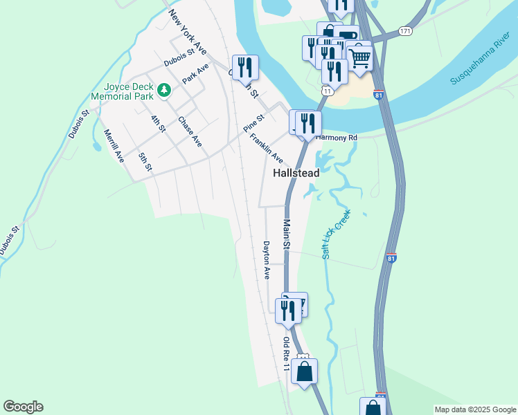 map of restaurants, bars, coffee shops, grocery stores, and more near 3 Lackawanna Avenue in Hallstead