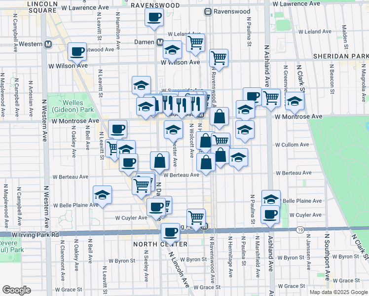 map of restaurants, bars, coffee shops, grocery stores, and more near 1911 West Cullom Avenue in Chicago