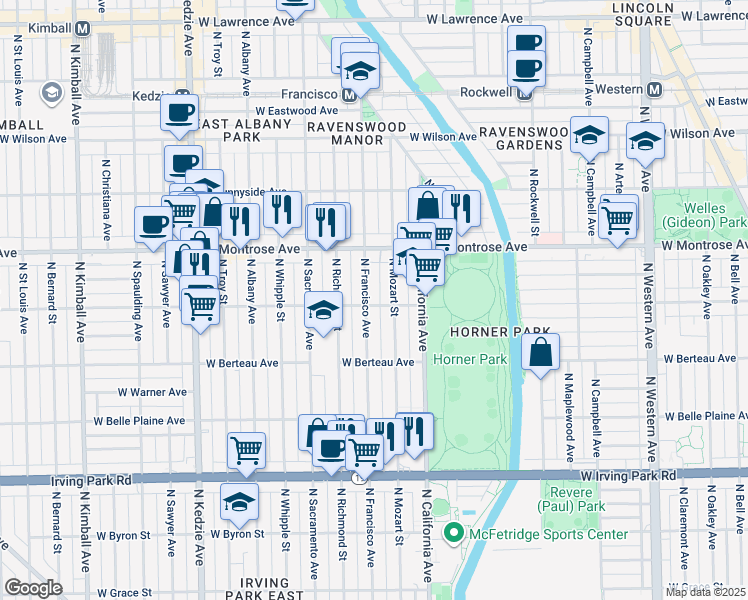 map of restaurants, bars, coffee shops, grocery stores, and more near 2856 West Cullom Avenue in Chicago