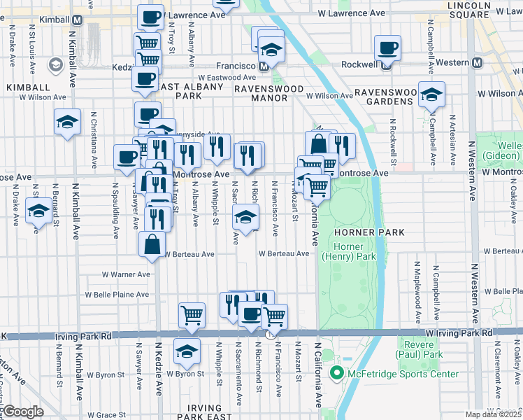 map of restaurants, bars, coffee shops, grocery stores, and more near 4305 North Richmond Street in Chicago