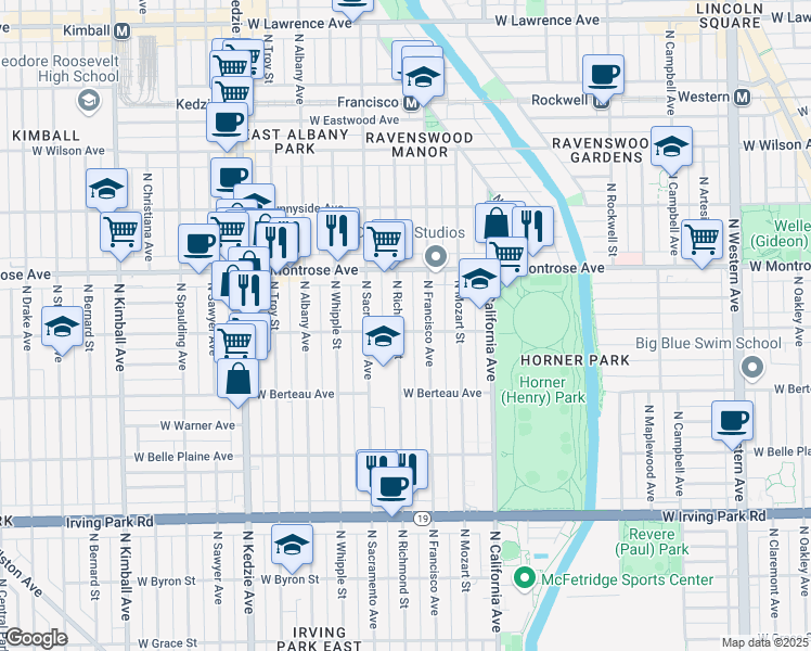 map of restaurants, bars, coffee shops, grocery stores, and more near 4305 North Richmond Street in Chicago