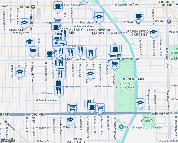 map of restaurants, bars, coffee shops, grocery stores, and more near 3000 West Cullom Avenue in Chicago