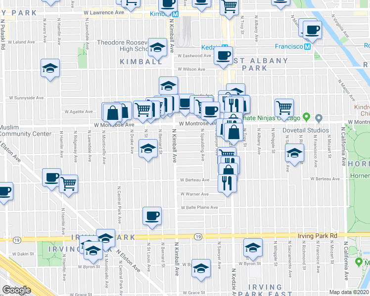 map of restaurants, bars, coffee shops, grocery stores, and more near 3346 West Cullom Avenue in Chicago