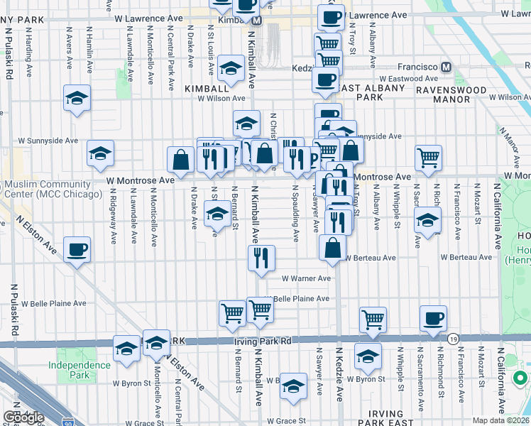 map of restaurants, bars, coffee shops, grocery stores, and more near 3346 West Cullom Avenue in Chicago