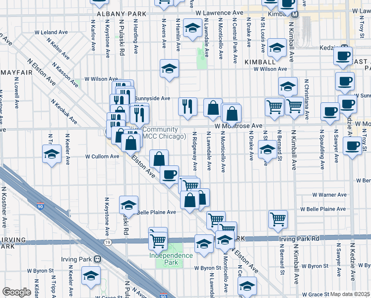 map of restaurants, bars, coffee shops, grocery stores, and more near 4308 North Hamlin Avenue in Chicago