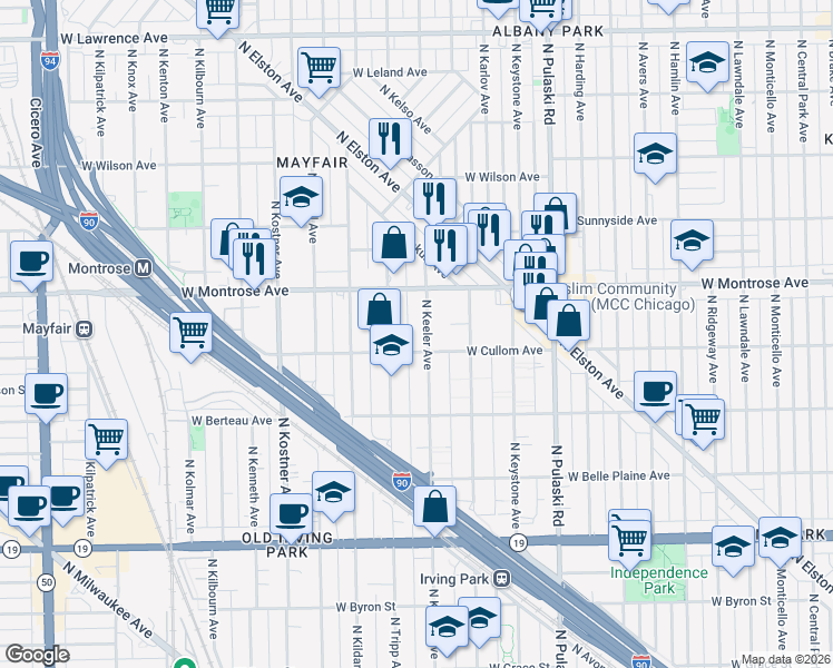 map of restaurants, bars, coffee shops, grocery stores, and more near 4317 North Tripp Avenue in Chicago