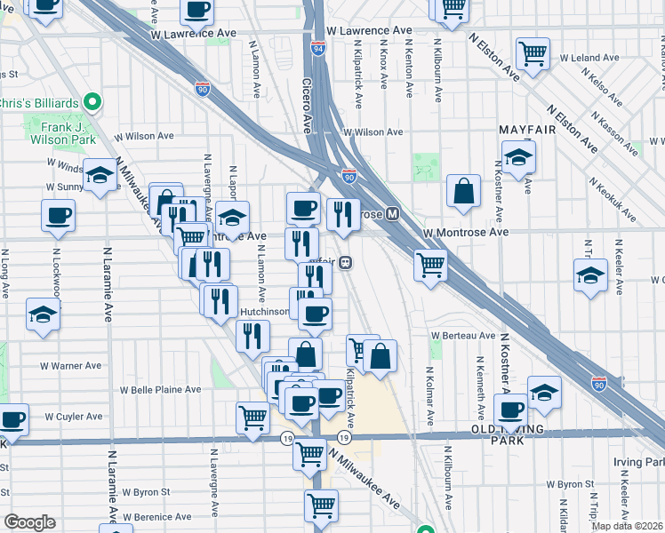 map of restaurants, bars, coffee shops, grocery stores, and more near 4321 North Cicero Avenue in Chicago
