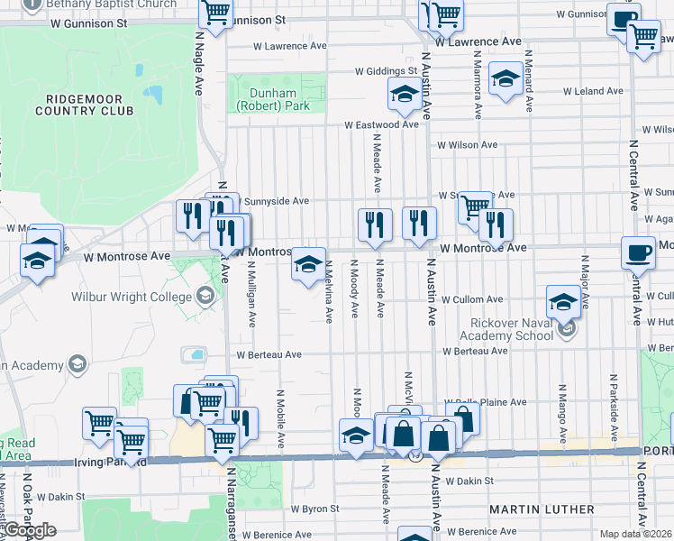 map of restaurants, bars, coffee shops, grocery stores, and more near 4333 North Melvina Avenue in Chicago