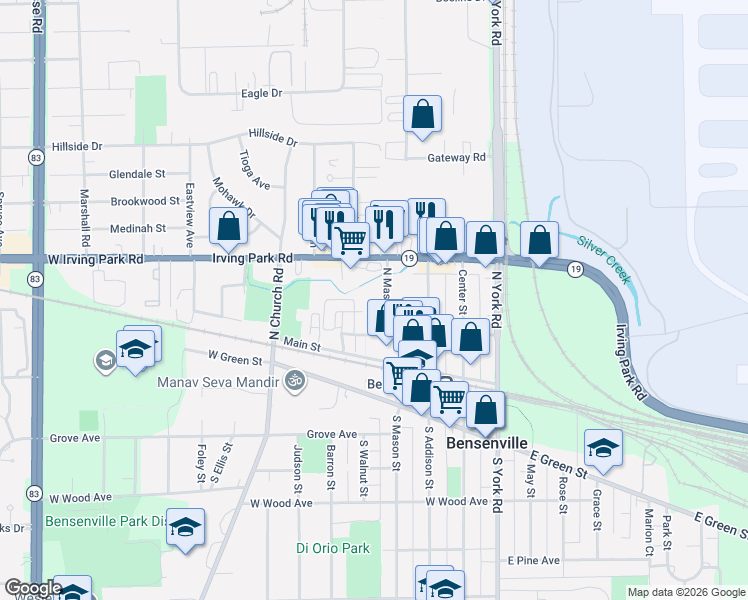 map of restaurants, bars, coffee shops, grocery stores, and more near 130 North Mason Street in Bensenville