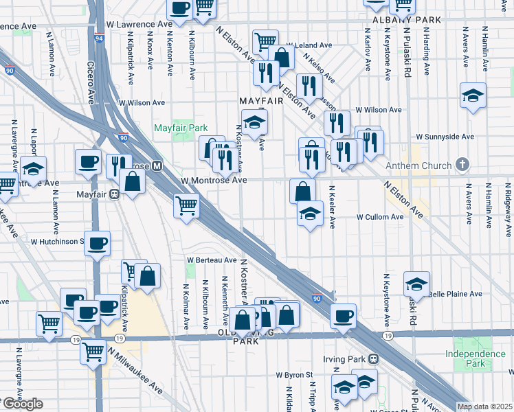 map of restaurants, bars, coffee shops, grocery stores, and more near 4313 North Kostner Avenue in Chicago
