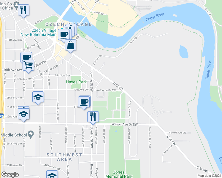 map of restaurants, bars, coffee shops, grocery stores, and more near 204 Hawthorne Drive Southwest in Cedar Rapids