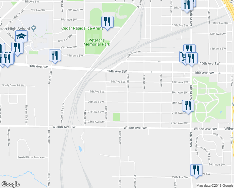 map of restaurants, bars, coffee shops, grocery stores, and more near 1235 19th Avenue Southwest in Cedar Rapids