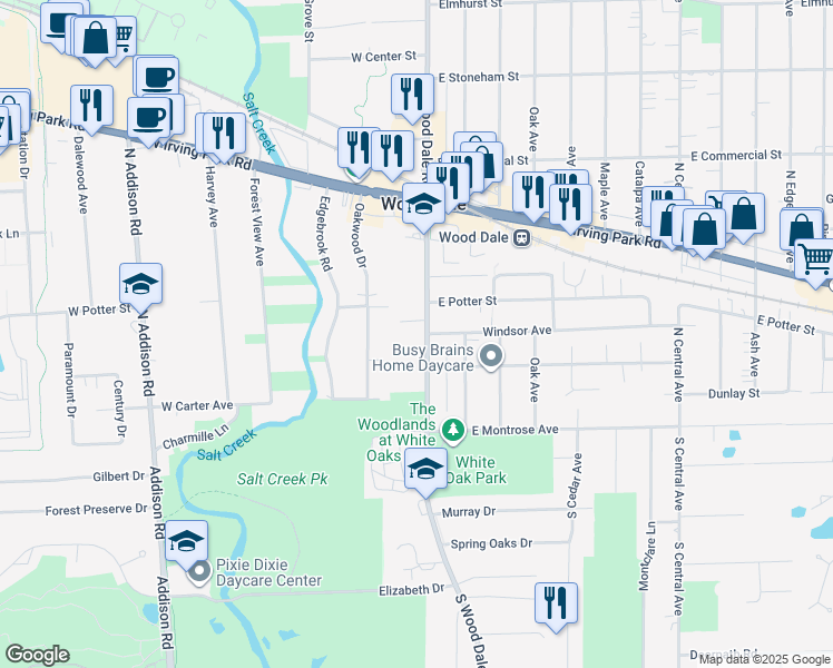 map of restaurants, bars, coffee shops, grocery stores, and more near 180 North Wood Dale Road in Wood Dale