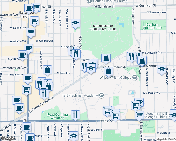 map of restaurants, bars, coffee shops, grocery stores, and more near 6750 Rutherford Avenue in Harwood Heights