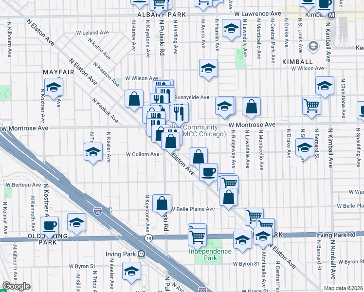 map of restaurants, bars, coffee shops, grocery stores, and more near 4311 North Harding Avenue in Chicago