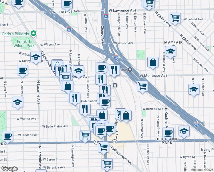 map of restaurants, bars, coffee shops, grocery stores, and more near 4325 North Cicero Avenue in Chicago