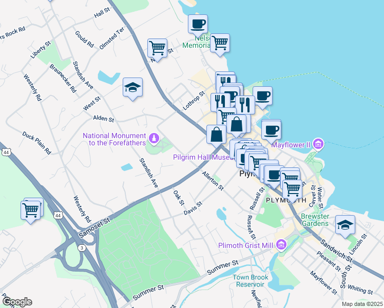 map of restaurants, bars, coffee shops, grocery stores, and more near 14 Cushman Street in Plymouth