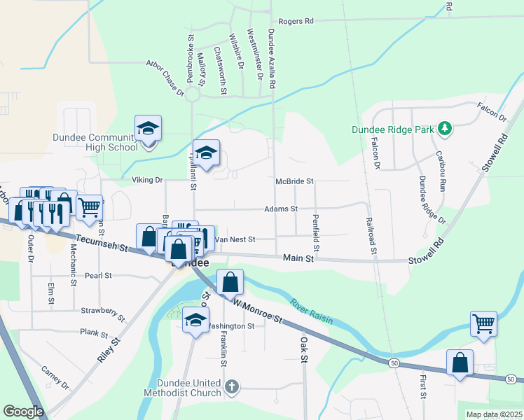 map of restaurants, bars, coffee shops, grocery stores, and more near 338 Adams Street in Dundee