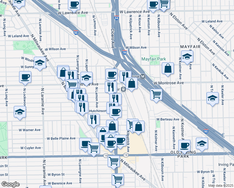 map of restaurants, bars, coffee shops, grocery stores, and more near 4325 North Cicero Avenue in Chicago