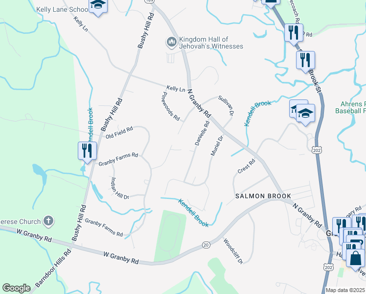 map of restaurants, bars, coffee shops, grocery stores, and more near 7 Gristmill Lane in Granby