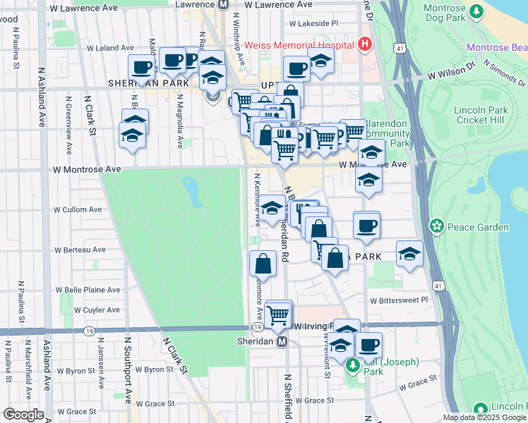 map of restaurants, bars, coffee shops, grocery stores, and more near in Chicago