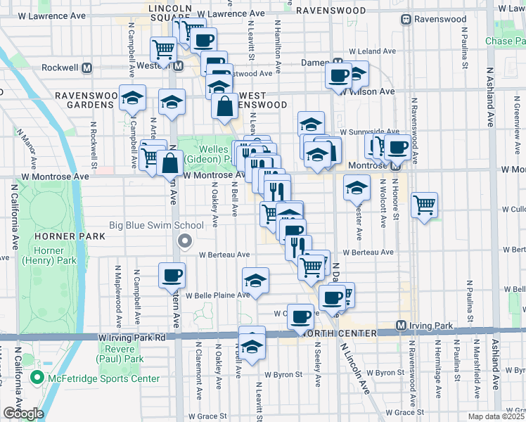 map of restaurants, bars, coffee shops, grocery stores, and more near 2207 West Cullom Avenue in Chicago