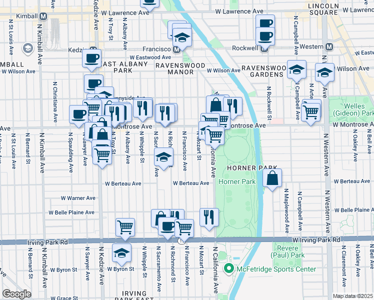 map of restaurants, bars, coffee shops, grocery stores, and more near 2856 West Cullom Avenue in Chicago